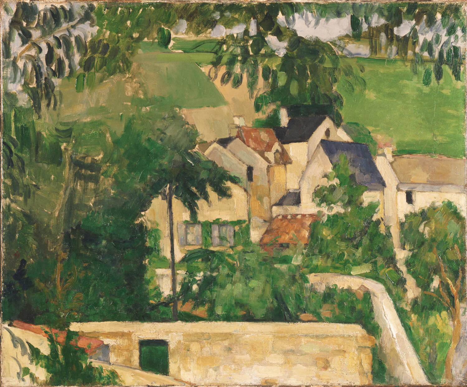 Quartier Four, Auvers-sur-Oise von Paul Cézanne – postimpressionistisches Landschaftsgemälde mit architektonischen Elementen, harmonischen Farben und dynamischen Pinselstrichen.