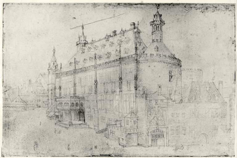 Kunstdruck des Gemäldes „Das Aachener Rathaus“ von Albrecht Dürer. Hochwertiger Fine-Art-Druck, in Deutschland per Hand gefertigt, auf Leinwand oder als Poster erhältlich.