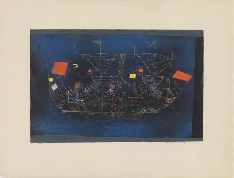 Kunstdruck „Das Abenteuerschiff“ von Paul Klee mit abstraktem Schiffsmotiv und fantasievoller Farbgestaltung