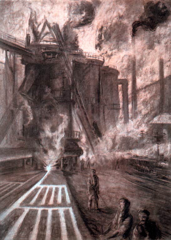Kunstdruck „Das Abstich eines Hochofens“ von Arthur Paine Garratt mit Arbeitern in einer industriellen Hochofenanlage