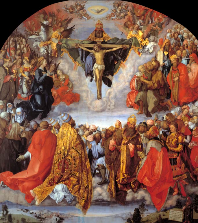 Kunstdruck von „Das Allerheiligenbild (Kopie von 1654)“ von Albrecht Dürer und Johann Christian Ruprecht. Religiöse Renaissance-Darstellung mit zahlreichen Heiligen, in Deutschland handgefertigt.