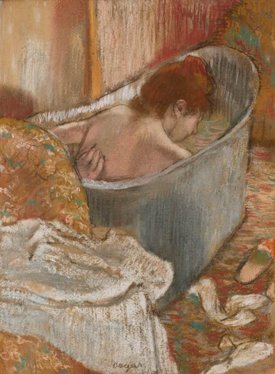 Kunstdruck des Gemäldes Das Bad von Edgar Degas mit der Darstellung einer Frau in einer intimen Badeszene.