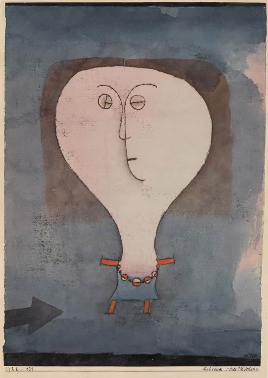 Kunstdruck „Das Entsetzen eines Mädchens“ von Paul Klee mit abstrahiertem Mädchen und ausdrucksstarker Farbgestaltung