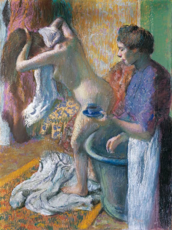 Kunstdruck des Gemäldes Das Frühstück nach dem Bad von Edgar Degas mit einer Frau in einer privaten Szene nach dem Baden.
