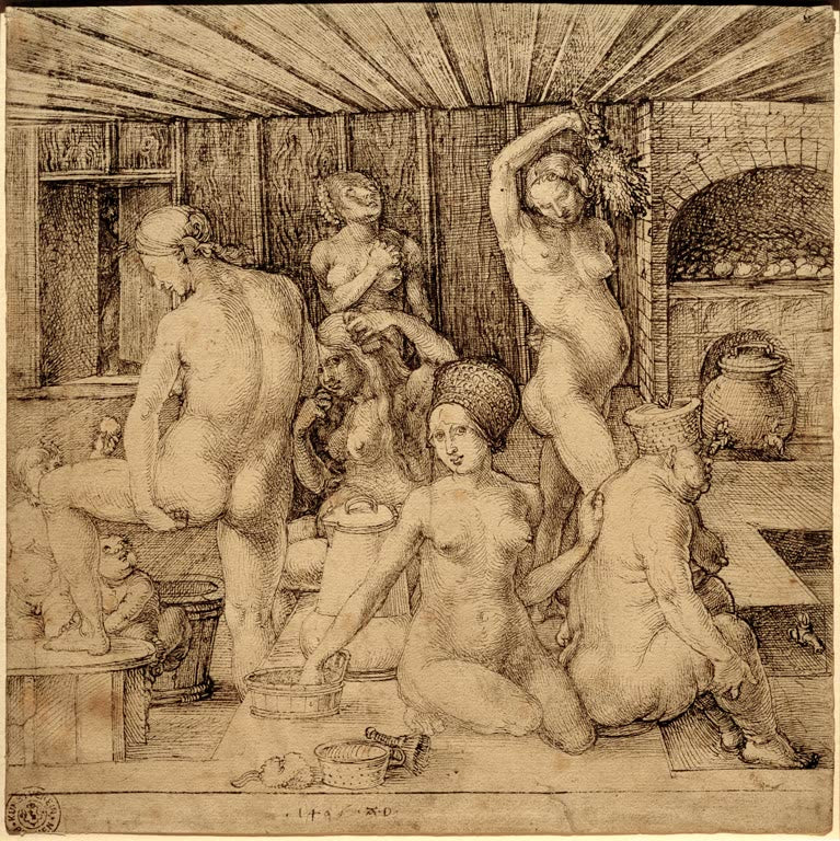 Kunstdruck des Gemäldes „Das Frauenbad“ von Albrecht Dürer. Hochwertiger Fine-Art-Druck, in Deutschland per Hand gefertigt, auf Leinwand oder als Poster erhältlich.