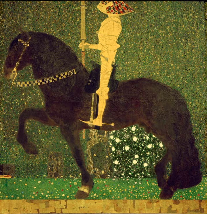Kunstdruck des Gemäldes „Das Leben ein Kampf (Ritter; Der goldene Ritter)“ von Gustav Klimt – hochwertige Reproduktion des symbolistischen Jugendstil-Werks.