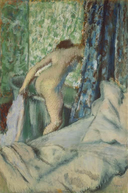 Kunstdruck des Gemäldes „Das Morgenbad“ von Edgar Degas mit der Darstellung einer Frau bei der morgendlichen Körperpflege. Hochwertig in Deutschland per Hand gefertigt, erhältlich als Poster oder Leinwand.