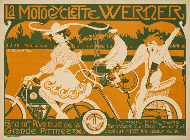Kunstdruck „Das Motorrad Werner“ von Auguste Roubille mit humoristischer Motorradszene