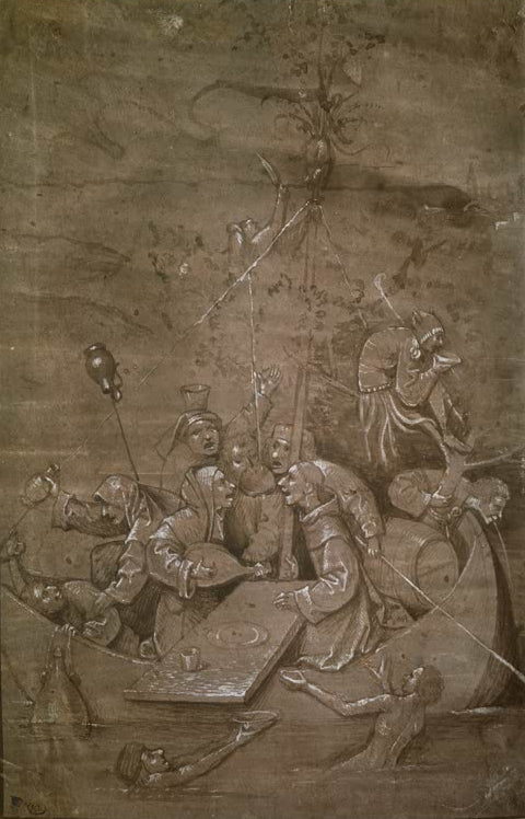Kunstdruck „Das Narrenschiff“ von Hieronymus Bosch mit dicht gedrängter Figurengruppe, Boot und moralischer Symbolik