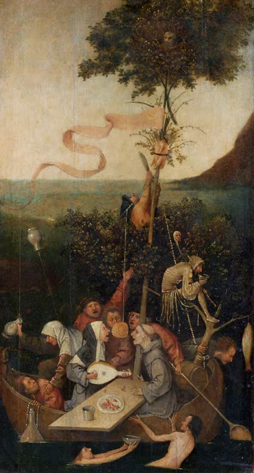 Kunstdruck „Das Narrenschiff“ von Hieronymus Bosch mit Boot, Figuren und moralischer Symbolik
