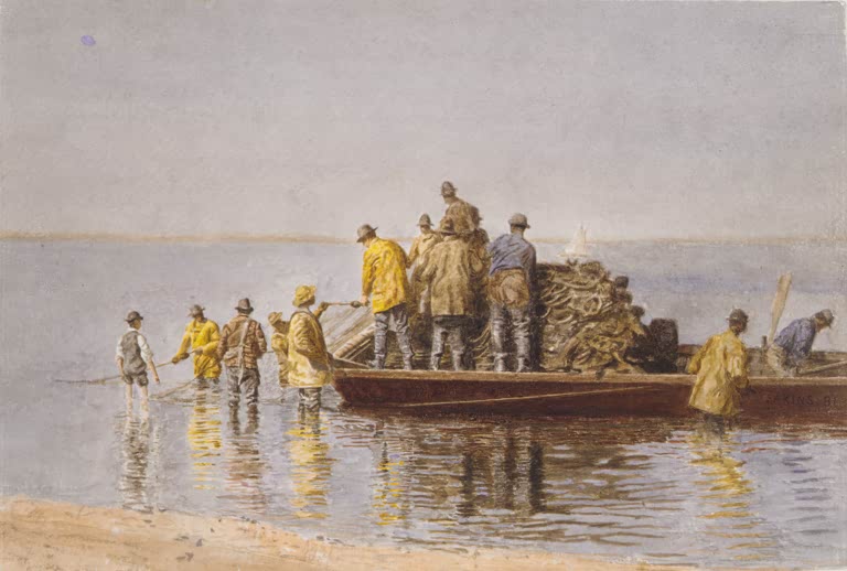 Kunstdruck des Gemäldes Das Netz einholen von Thomas Eakins, handgefertigt in Deutschland