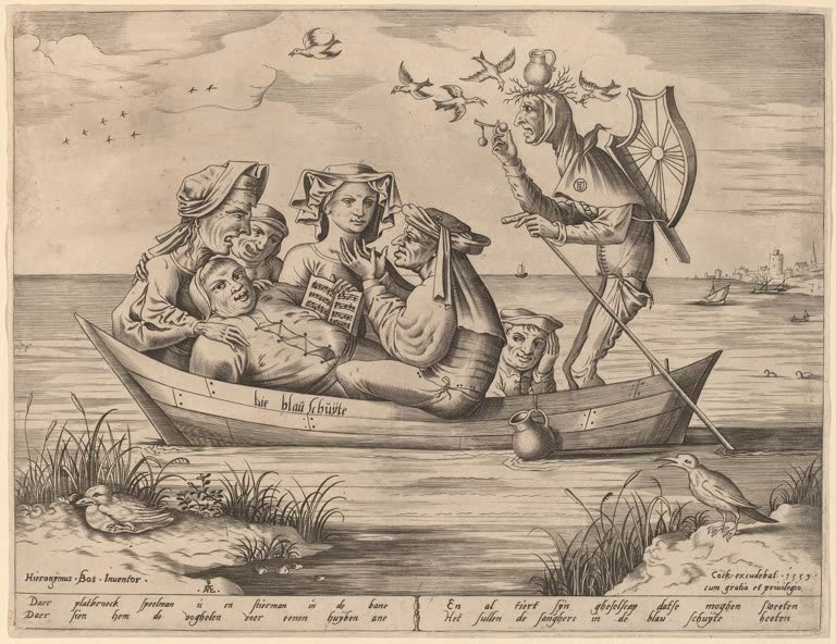 Kunstdruck „Das Schiff der Laster“ von Hieronymus Bosch mit Boot, Figuren und moralischer Symbolik