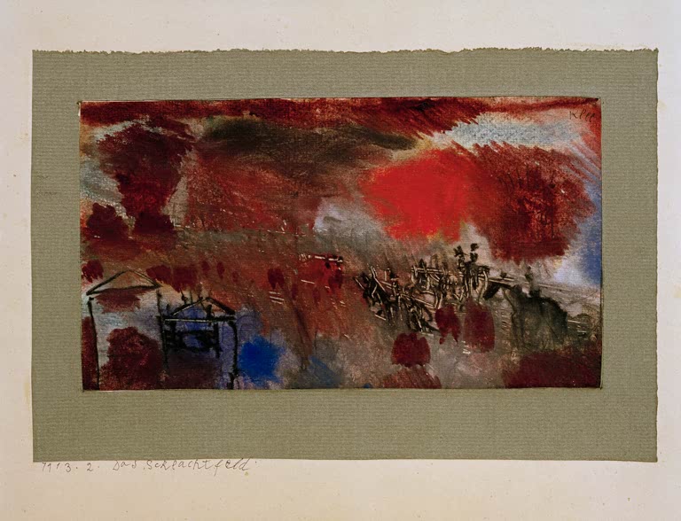 Kunstdruck „Das Schlachtfeld“ von Paul Klee mit abstrakter Komposition und expressiver Farbgestaltung