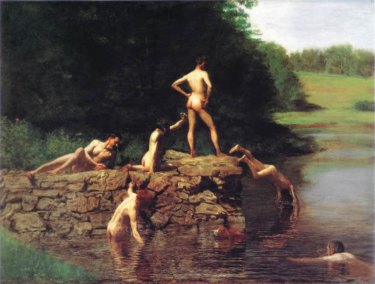 Kunstdruck des Gemäldes „Das Schwimmloch“ von Thomas Eakins. Detailreiche Reproduktion, in Deutschland von Hand gefertigt, erhältlich als Poster oder auf Leinwand.
