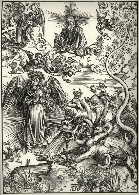 Kunstdruck „Das Sonnenweib und der siebenköpfige Drache“ von Albrecht Dürer mit dramatischer Apokalypse-Szene
