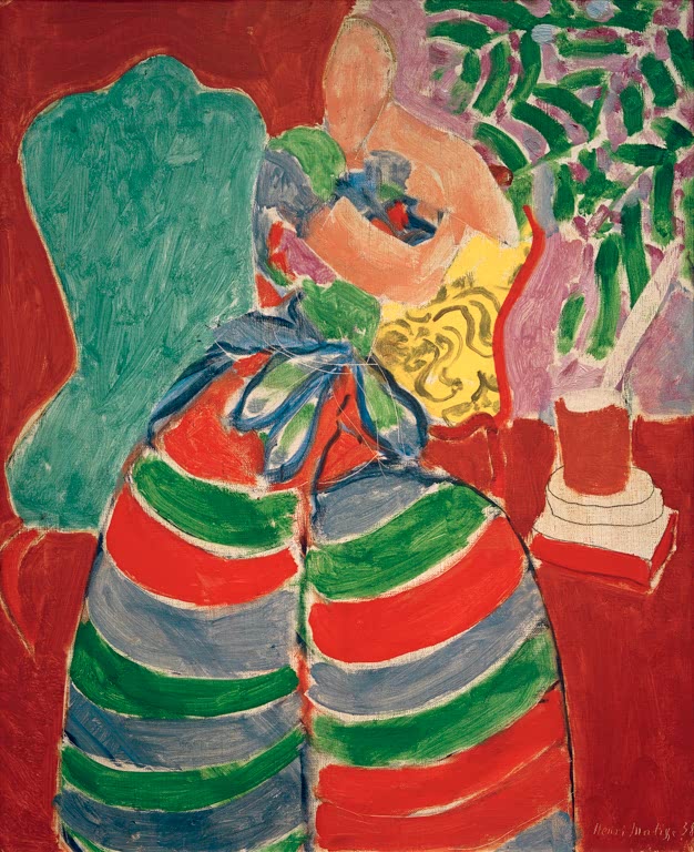 Kunstdruck des Gemäldes Das gestreifte Kleid von Henri Matisse, handgefertigt in Deutschland als Poster oder Leinwand erhältlich