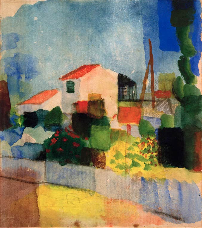 Kunstdruck des Gemäldes „Das helle Haus (1. Fassung)“ von August Macke. Hochwertig in Deutschland von Hand gefertigt, erhältlich als Leinwand oder Poster und optional gerahmt.
