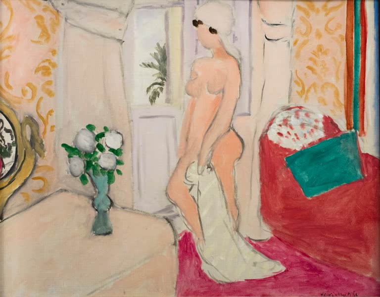 Kunstdruck des Gemäldes „Das junge Mädchen und die Blumenvase oder Der rosa Akt“ von Henri Matisse – hochwertiger Kunstdruck, erhältlich als Poster oder auf Leinwand.