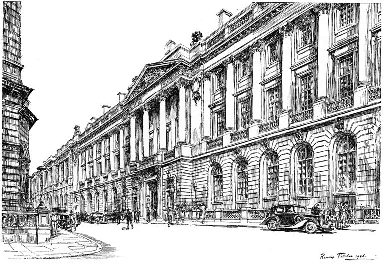 Kunstdruck „Das Äußere des RAC-Clubhauses in der Pall Mall, London“ von Hanslip Fletcher mit historischer Londoner Architektur