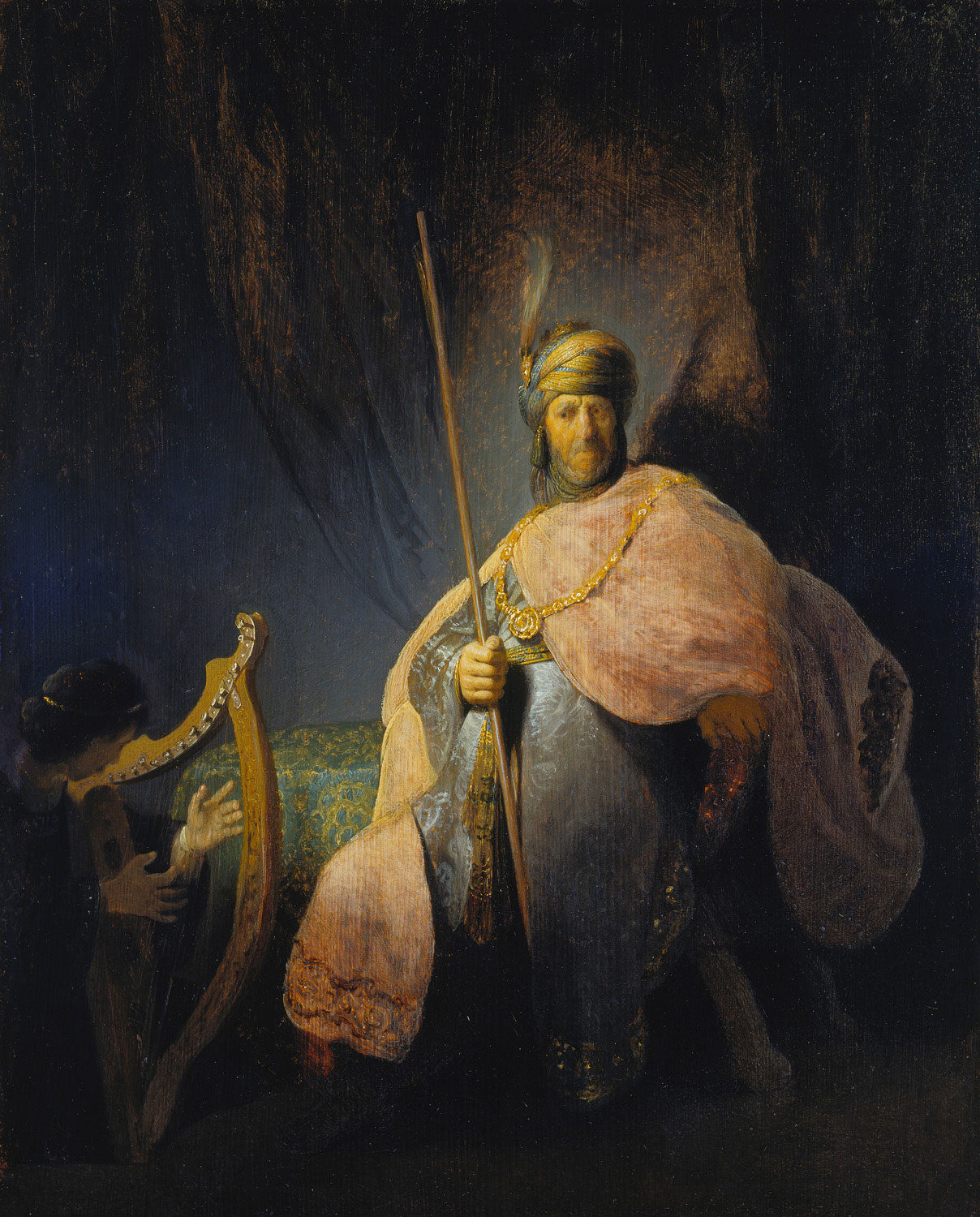 "David spielt die Harfe vor Saul", ein biblisches Szenenbild von Rembrandt, das den jungen David zeigt, wie er für den von Zorn geplagten König Saul spielt, um dessen Stimmung zu beruhigen.
