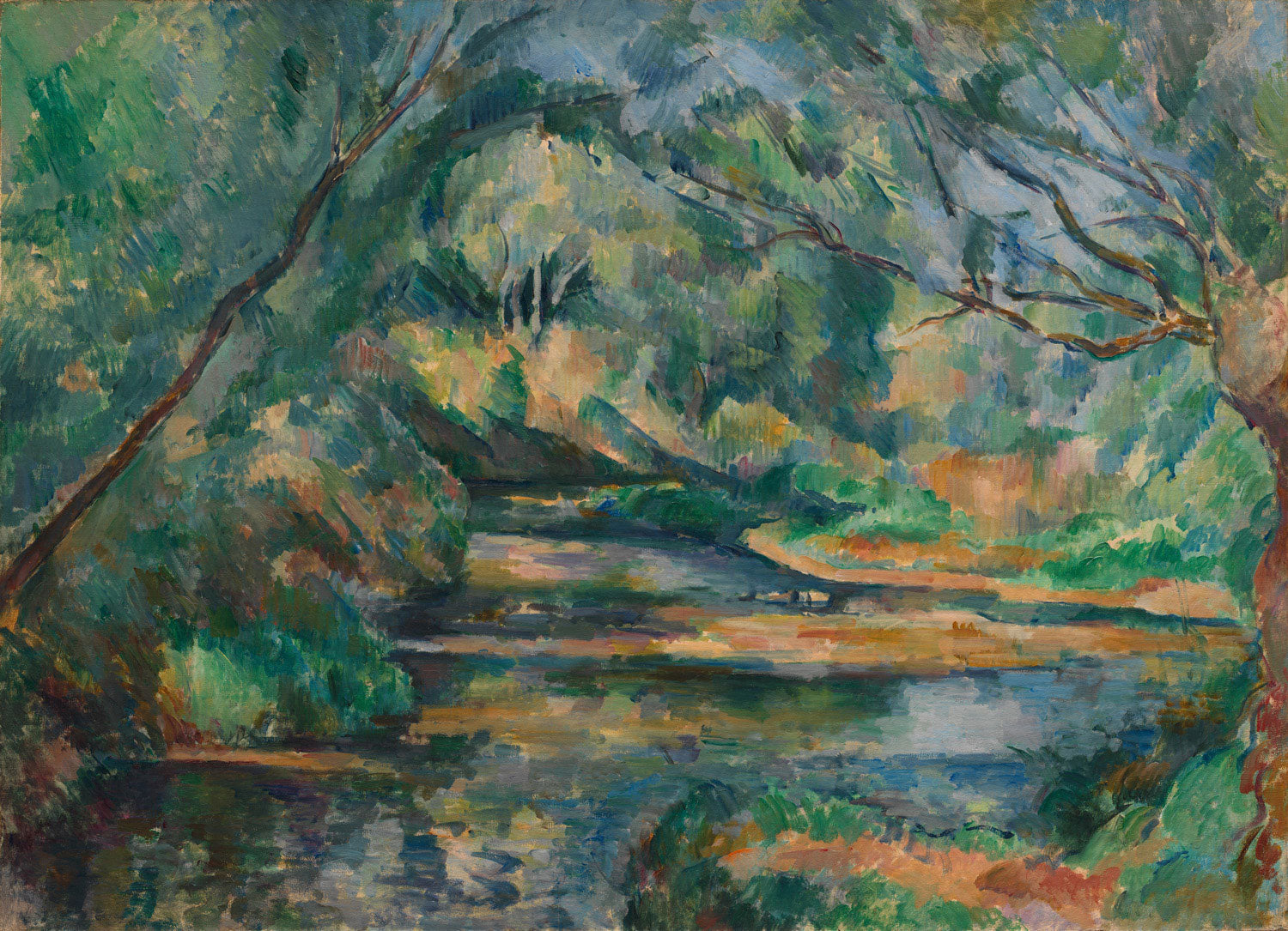 Landschaftsgemälde Der Bach von Paul Cézanne, post-impressionistisches Werk mit fließendem Wasser und harmonischen Naturtönen.