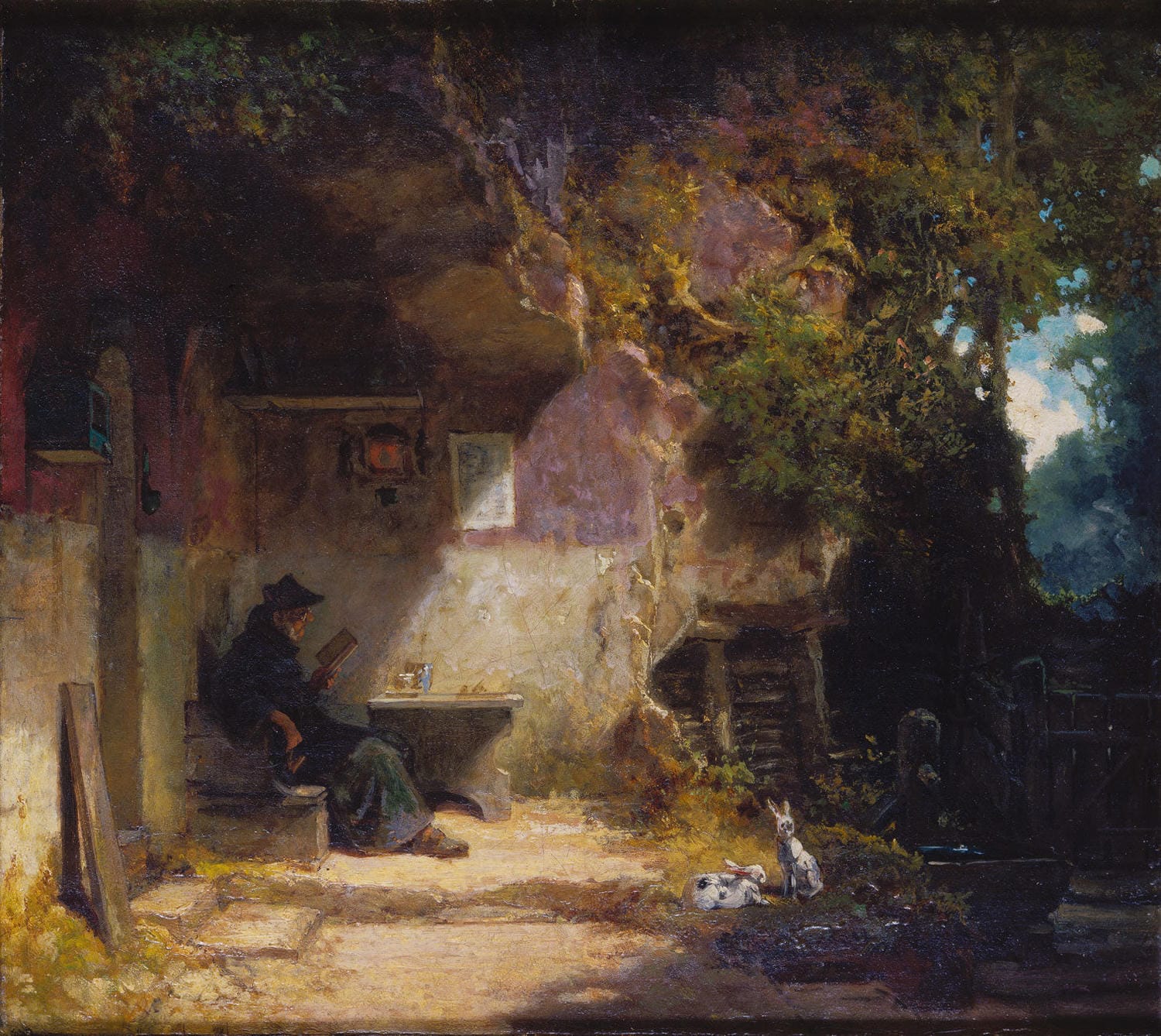 "Der Einsiedler vor seiner Klause" von Carl Spitzweg – Idyllische Szene eines Einsiedlers vor seiner Hütte inmitten einer natürlichen Landschaft.