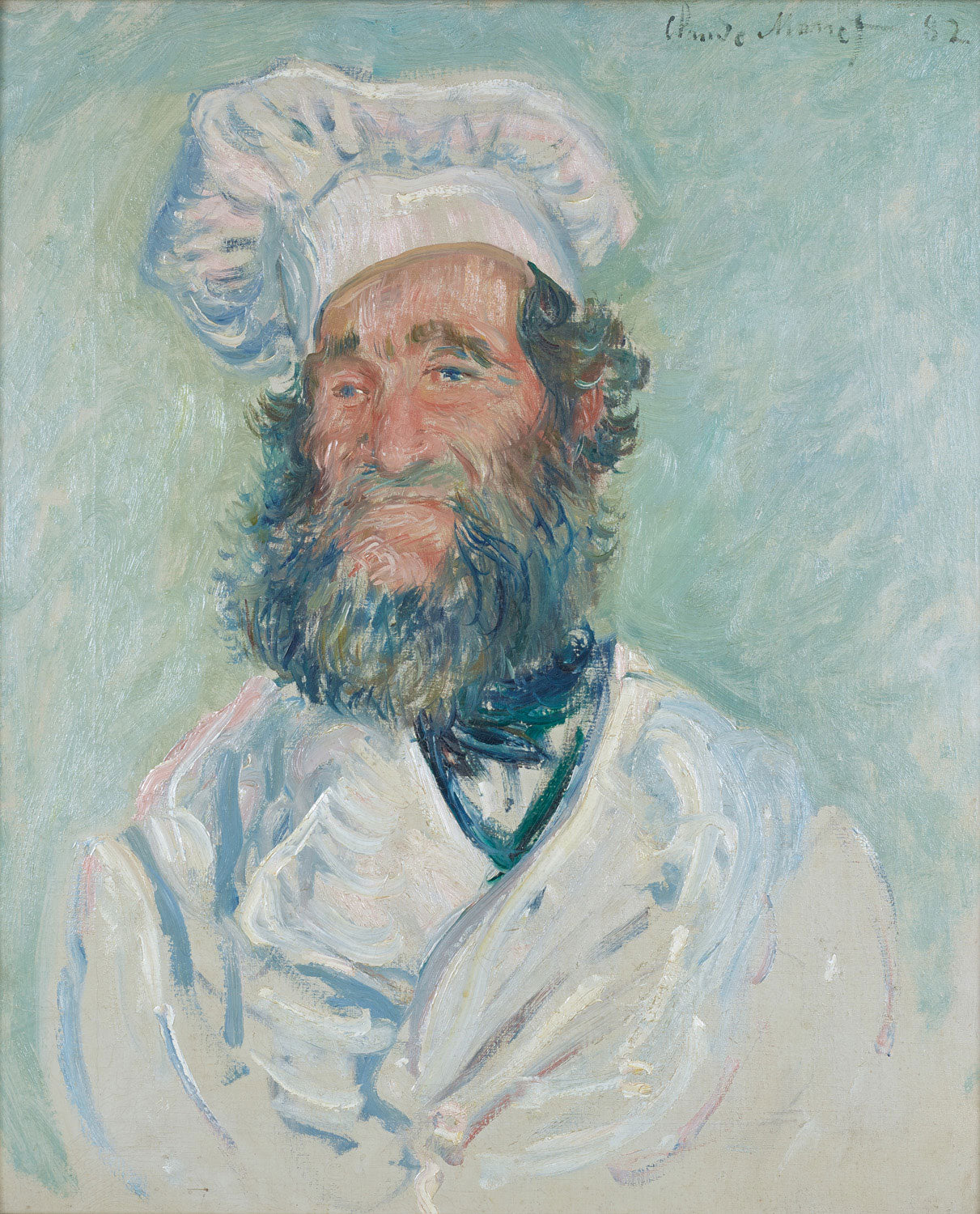 Das Gemälde "Der Koch (Le Père Paul)" von Claude Monet zeigt einen bärtigen Mann in weißer Kochkleidung, der nachdenklich zur Seite blickt. Der impressionistische Stil betont weiche Farben und Licht, während der neutrale Hintergrund den Koch in den Mittelpunkt rückt.