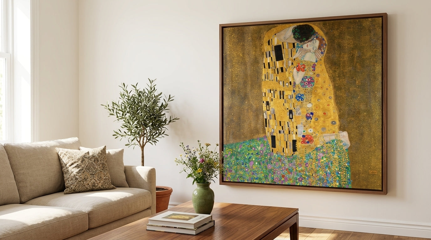 Der Kuss als Liebespar von Gustav Klimt auf Leinwand in Schattenfugenrahmen an der Wand hängend