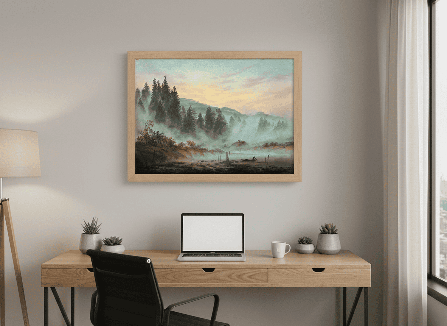 Das Gemälde "der Morgen" von Caspar David Friedrich gerahmt an einer Wand hängend über einem Schreibtisch.
