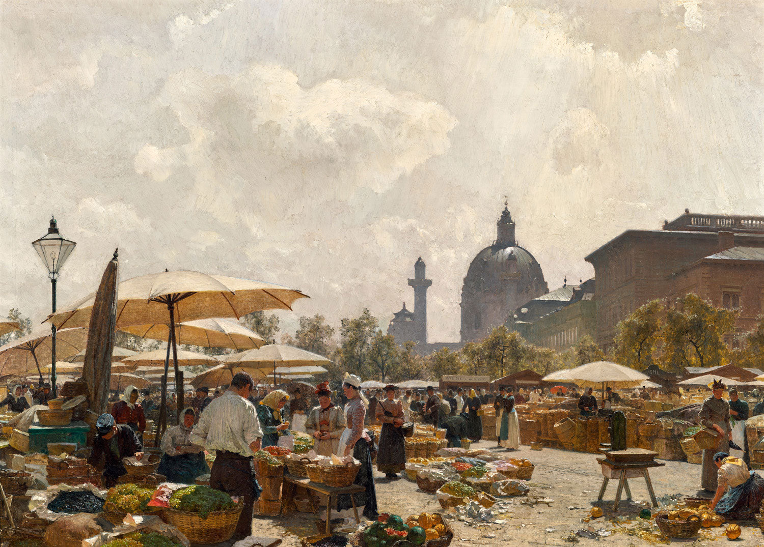 Der Naschmarkt in Wien von Carl Moll: Detailreiches Gemälde des berühmten Wiener Markts mit geschäftigem Treiben, Markthallen und eleganter urbaner Kulisse, eingefangen in warmen Farben und harmonischer Lichtführung.