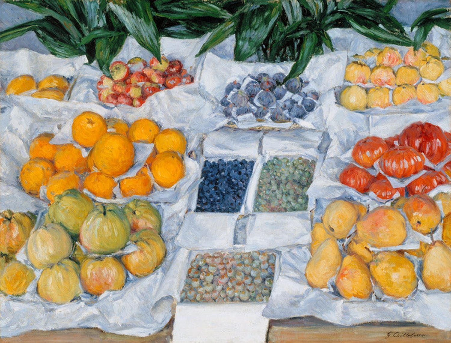 „Der Obststand“ von Gustave Caillebotte – impressionistische Marktszene mit reich gefülltem Obststand, natürlichen Farben und lebendiger Alltagsatmosphäre.