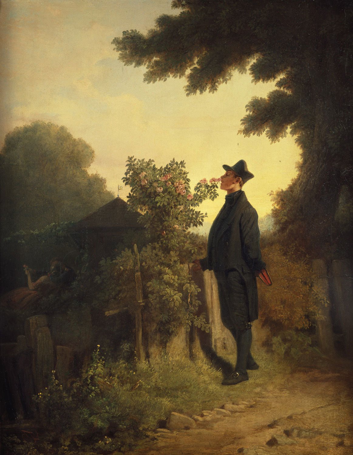 "Der Rosenfreund" von Carl Spitzweg – Älterer Herr betrachtet liebevoll eine Rose, umgeben von einer idyllischen und detailreichen Szenerie.