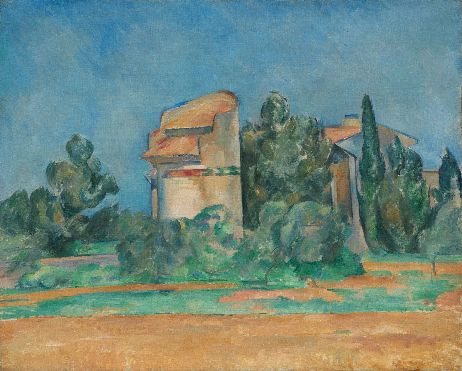 Der Taubenturm in Bellevue, Landschaftsgemälde von Paul Cézanne im post-impressionistischen Stil, zeigt einen ländlichen Turm eingebettet in eine idyllische Szenerie.