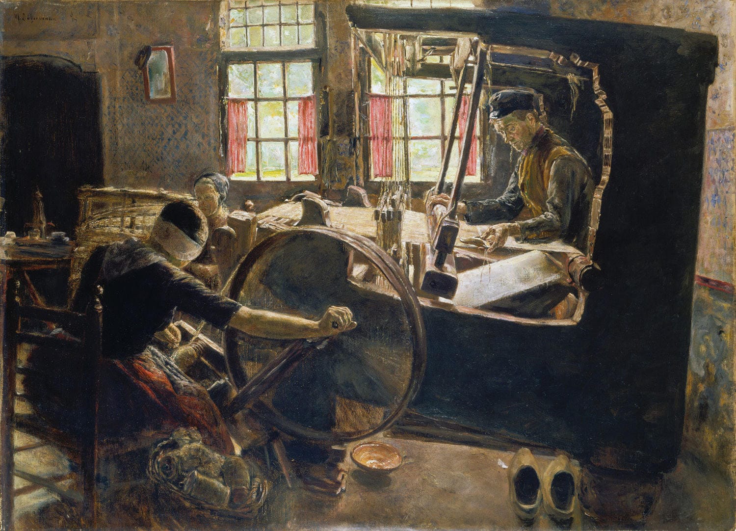 Kunstdruck des Gemäldes Der Weber von Max Liebermann. Realistische Darstellung eines Webers bei der Arbeit, mit natürlichem Lichtspiel und eindrucksvoller Atmosphäre.