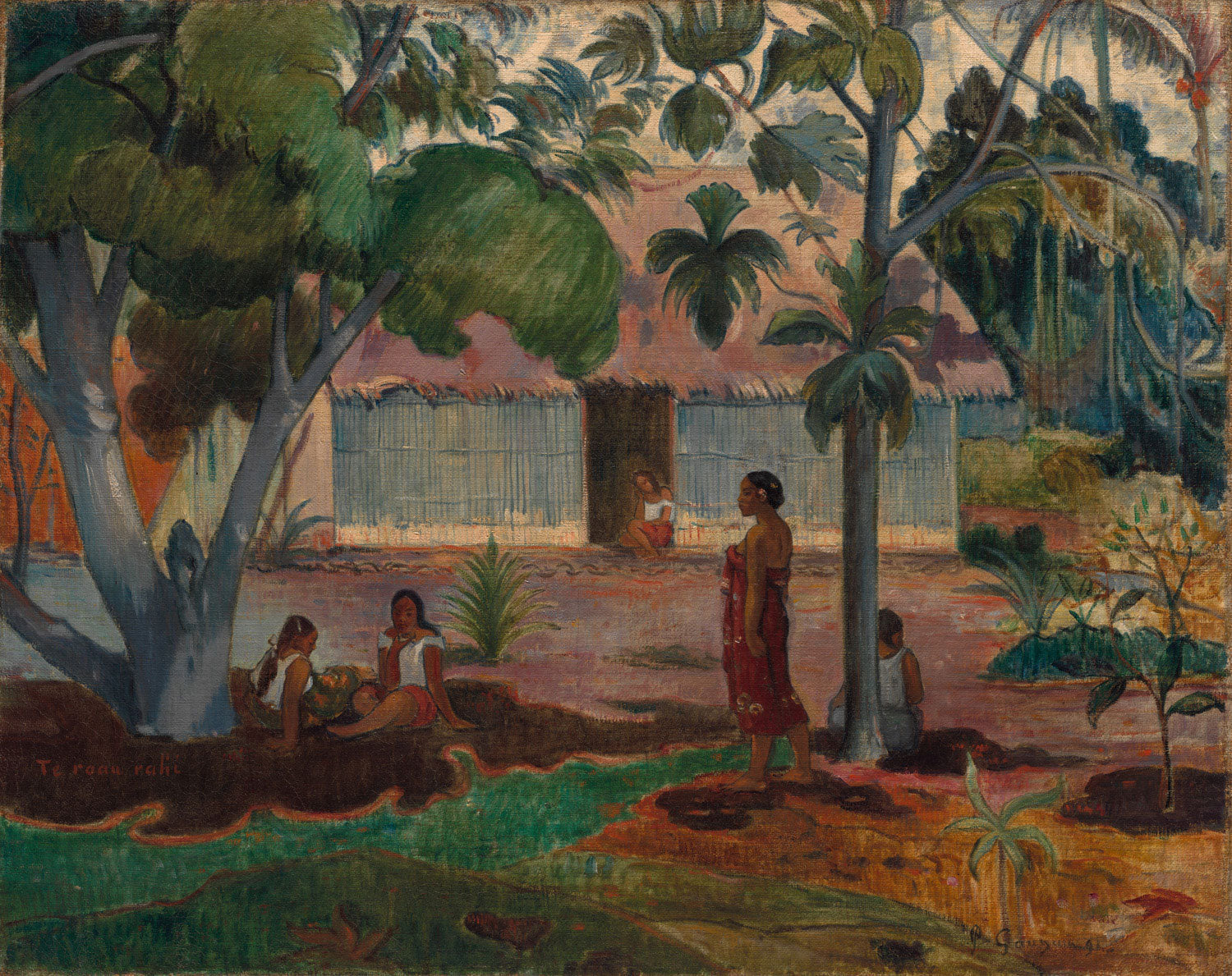 Post-impressionistisches Gemälde 'Der große Baum' von Paul Gauguin, das einen majestätischen Baum in lebendigen Farben darstellt und tiefere symbolische Bedeutungen vermittelt.