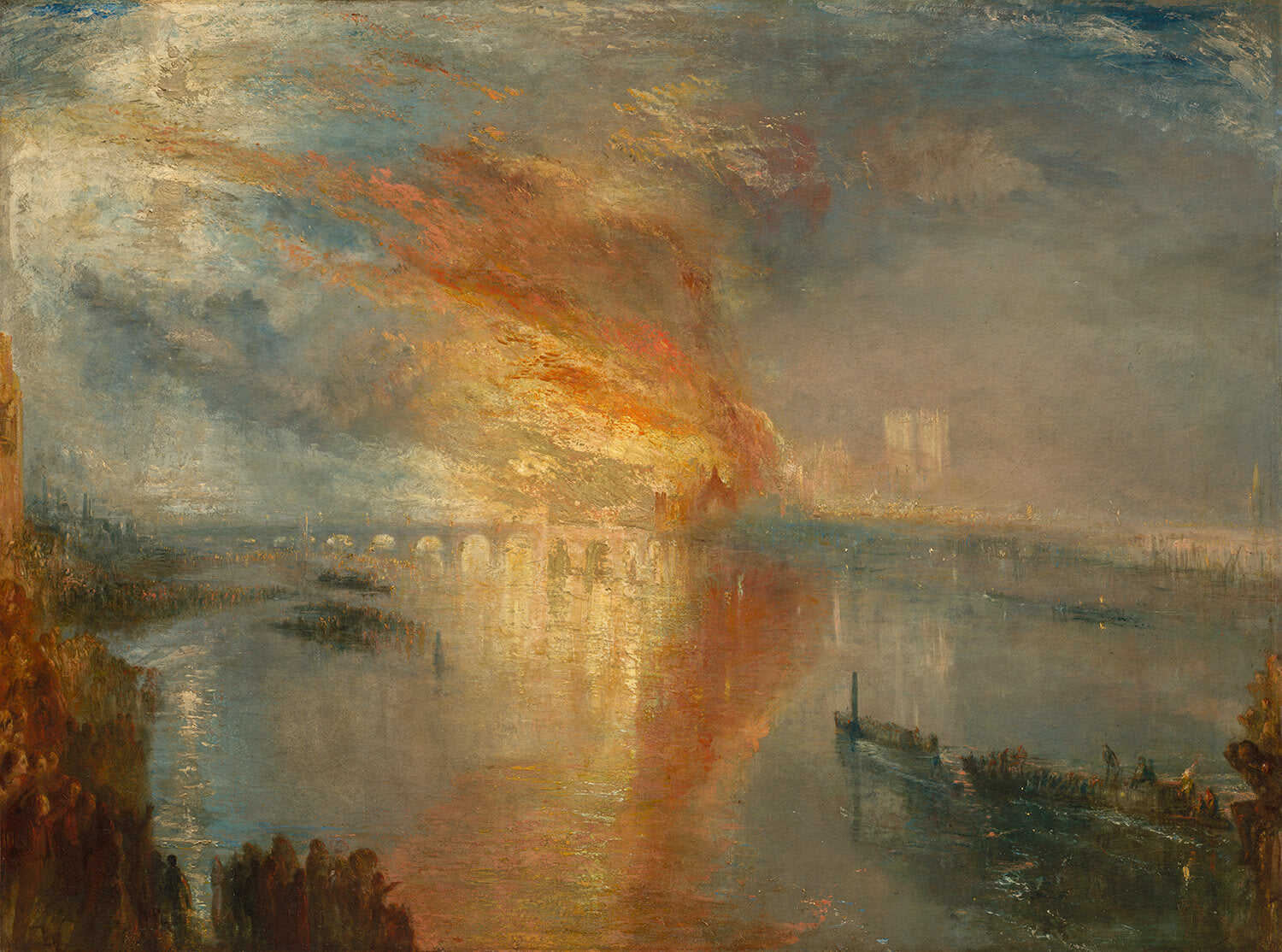 Ein dramatisches Gemälde von William Turner zeigt die brennenden Häuser von Lords und Commons in London 1834. Leuchtende Gelb- und Orangetöne der Flammen kontrastieren mit dunklem Rauch und der blau-schwarzen Themse, auf der Zuschauer in Booten das Ereignis beobachten. Eindrucksvoll und emotional.