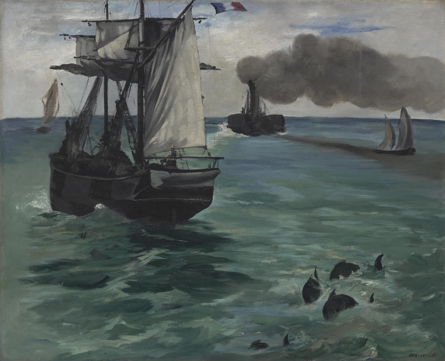 „Der Dampfer, Meereslandschaft mit Schweinswalen“ von Édouard Manet zeigt ein Dampfschiff auf dem offenen Meer, umgeben von spielenden Schweinswalen. Die lebendigen Farben und dynamische Darstellung der Wellen vermitteln eine kraftvolle maritime Szene, die den Eindruck von Bewegung und Leben verstärkt.