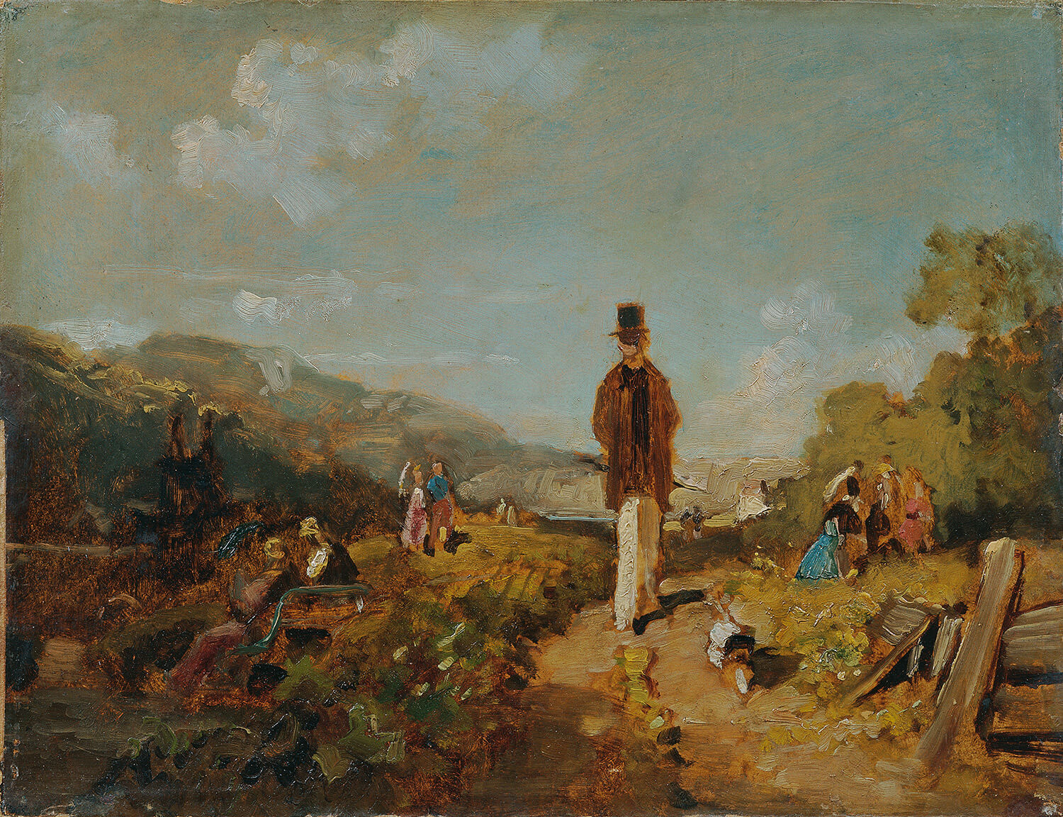  Das Gemälde „Der Hagestolz“ von Carl Spitzweg zeigt einen älteren Mann, der gemächlich durch eine idyllische Landschaft spaziert. Um ihn herum entspannen andere Menschen, die auf einem Weg flanieren oder sich in der Natur niederlassen, was eine friedliche, ländliche Szene erschafft.