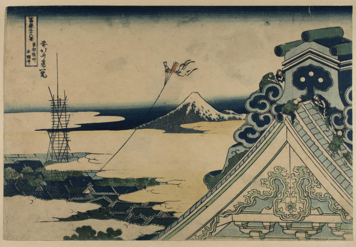 Japanischer Farbholzschnitt von Katsushika Hokusai mit dem Honganji-Tempel in Asakusa, umgeben von Stadtleben und traditioneller Architektur in harmonischen Farben.
