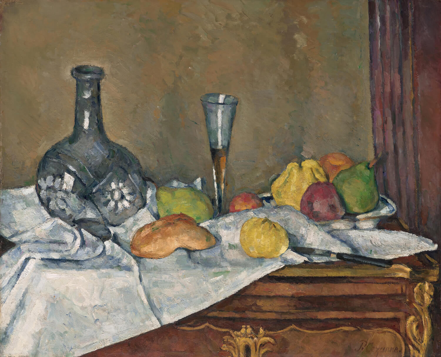 Der Nachtisch von Paul Cézanne – ein postimpressionistisches Stillleben mit kräftigen Farben, geometrischen Formen und einer harmonischen Komposition von Obst und Geschirr.