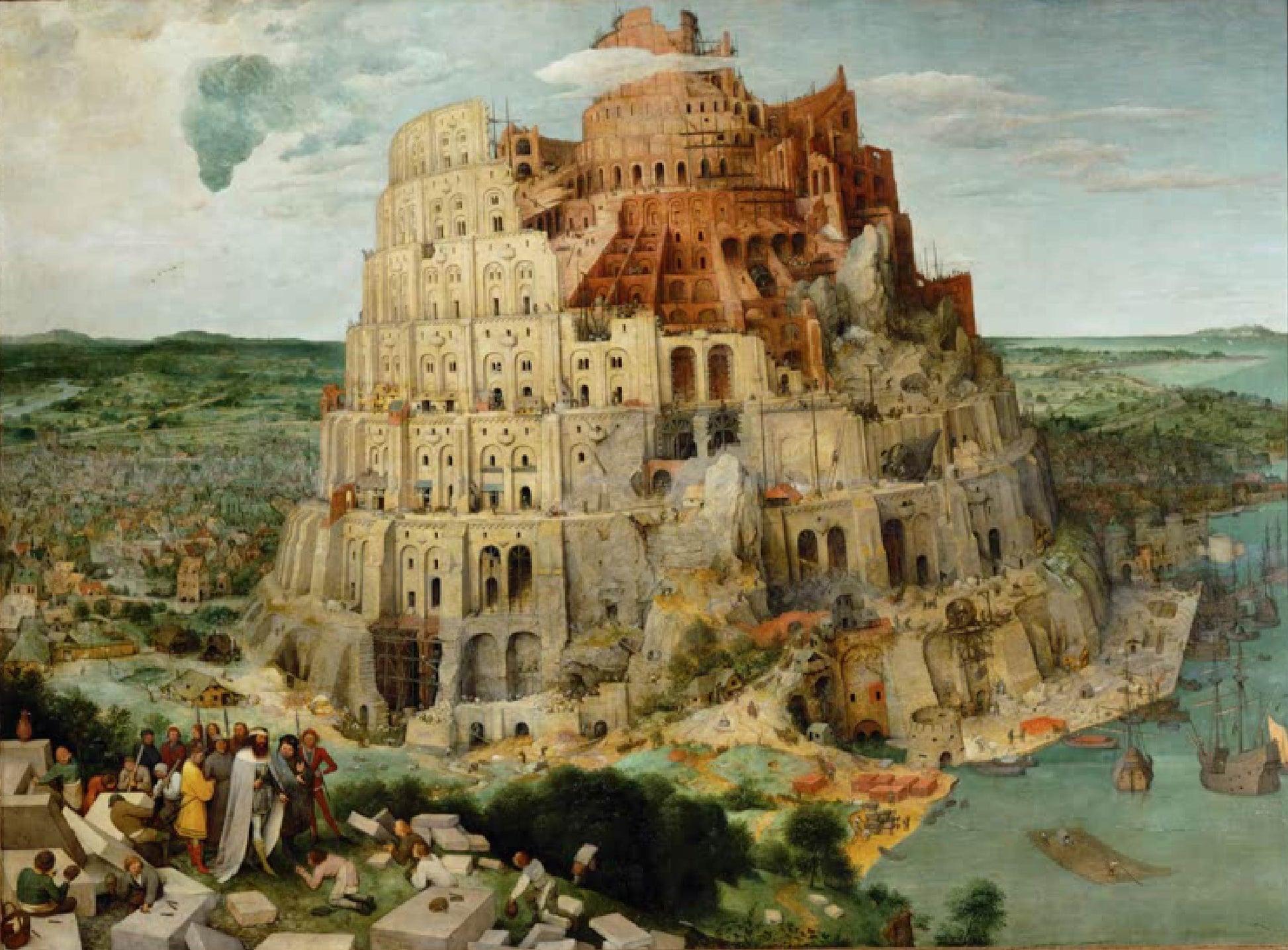 Der Turmbau zu Babel – berühmtes biblisches Gemälde zeigt den gigantischen Turm in Bau mit zahlreichen Arbeitern.