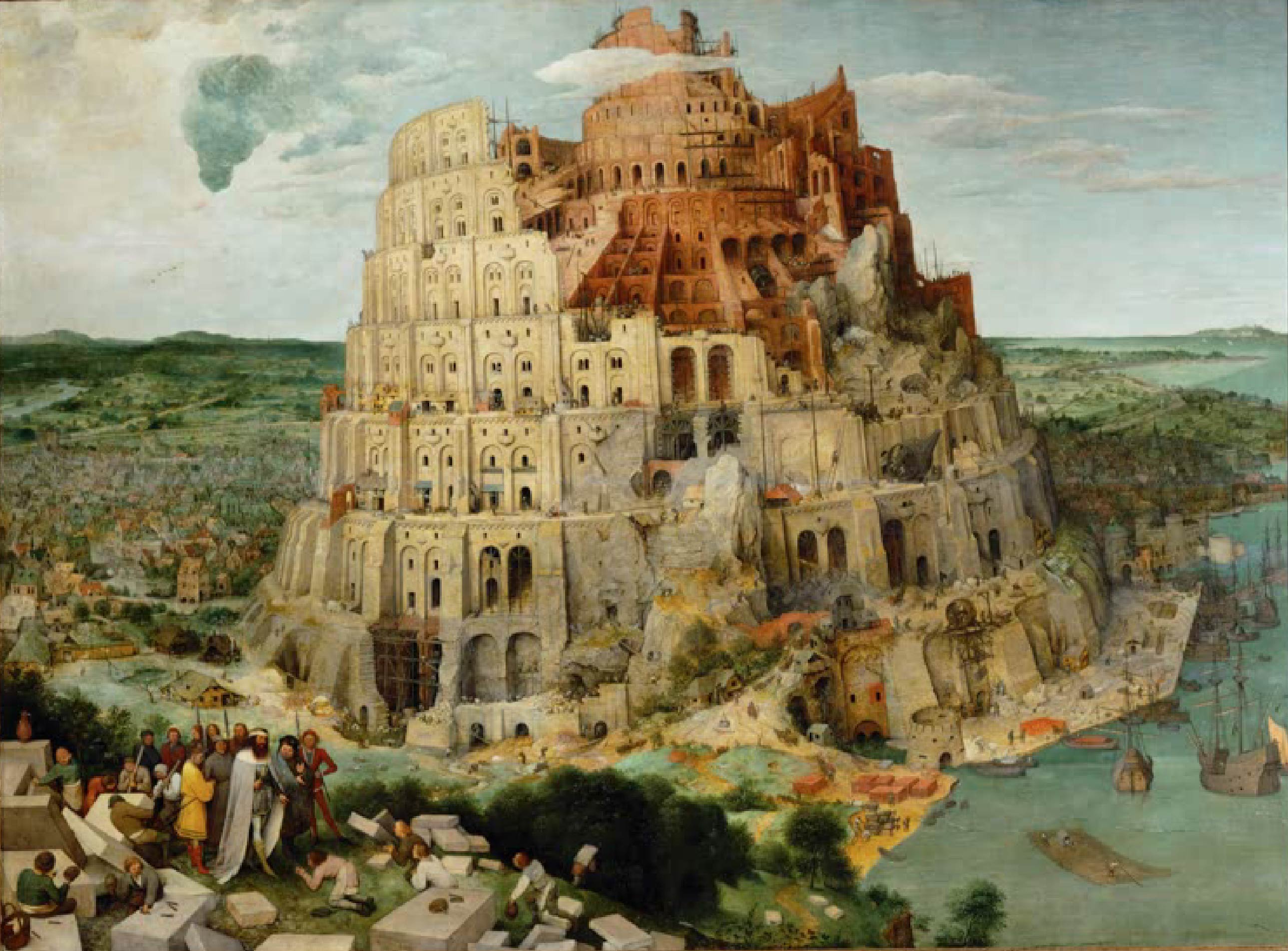 Der Turmbau zu Babel – berühmtes biblisches Gemälde zeigt den gigantischen Turm in Bau mit zahlreichen Arbeitern.