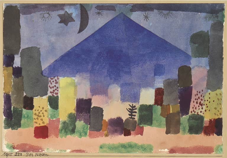 Kunstdruck „Der Berg Niesen. Ägyptische Nacht“ von Paul Klee mit geometrischer Landschaft und abstrakter Farbgestaltung

