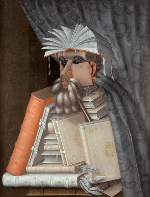 Kunstdruck „Der Bibliothekar“ von Giuseppe Arcimboldo mit einem fantasievollen Porträt aus Büchern, Lesezeichen und weiteren Bibliotheksobjekten