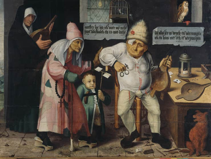 Kunstdruck „Der Blasebalgflicker“ von Hieronymus Bosch mit Handwerkerfigur und detailreicher Alltagsszene