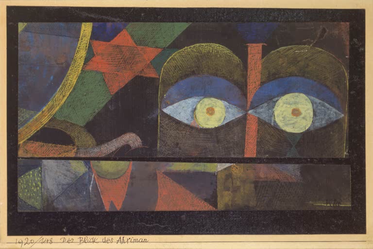 Kunstdruck „Der Blick des Ahriman“ von Paul Klee mit abstrahiertem Gesicht und eindringlichem Blick