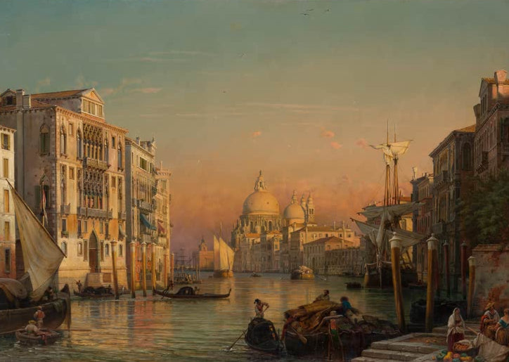Kunstdruck von „Der Canal Grande in Venedig mit Blick auf Santa Maria della Salute“ von Friedrich Nerly mit venezianischem Kanal, Gondeln und Kirchenansicht
