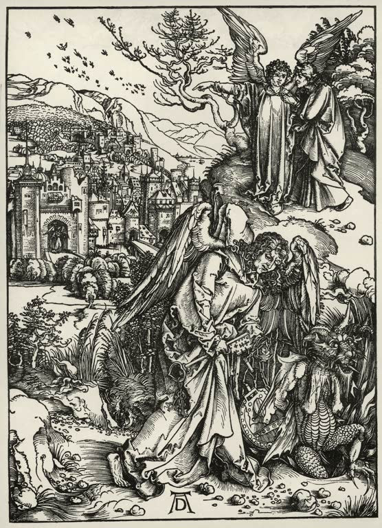Kunstdruck von „Der Engel mit dem Schlüssel zum Abgrund“ von Albrecht Dürer. Detailreicher Holzschnitt aus der Apokalypse-Serie der Renaissance, in Deutschland handgefertigt.