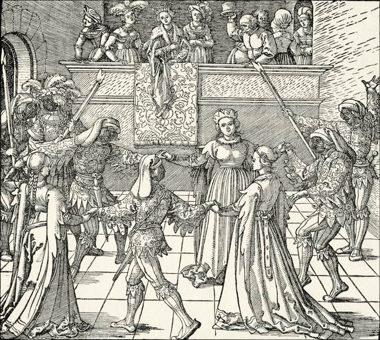 Kunstdruck von „Der Fackeltanz (Die Maskerade)“ von Albrecht Dürer. Lebendige Darstellung einer festlichen Renaissance-Szene, in Deutschland handgefertigt.