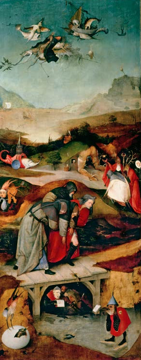 Kunstdruck „Der Flug und Sturz des hl. Antonius“ von Hieronymus Bosch mit Antonius, fantastischen Wesen und dramatischer Szene